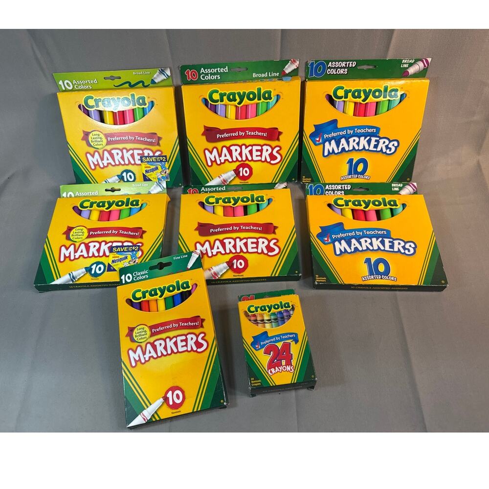 Crayola LOT Markers assorted colors 10 pack (6) & fine line(1) & crayon box( 1)